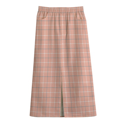 Pastel Orange Tattersall Pattern Print Cotton Front Slit Maxi Skirt