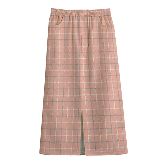 Pastel Orange Tattersall Pattern Print Cotton Front Slit Maxi Skirt