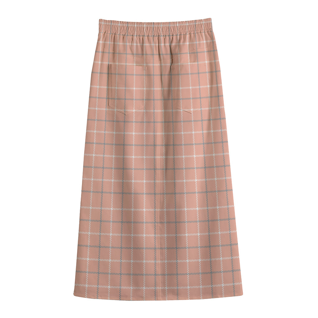 Pastel Orange Tattersall Pattern Print Cotton Front Slit Maxi Skirt