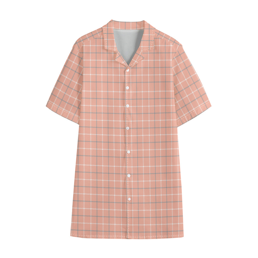 Pastel Orange Tattersall Pattern Print Cotton Hawaiian Shirt