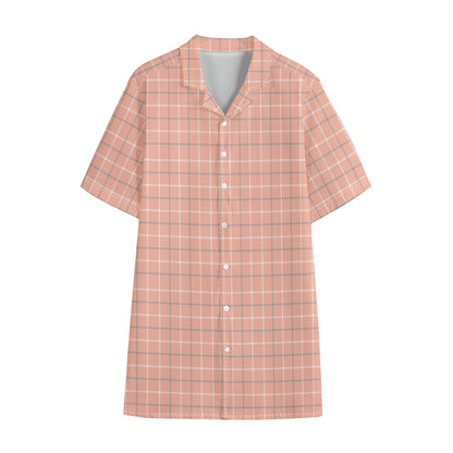 Pastel Orange Tattersall Pattern Print Cotton Hawaiian Shirt