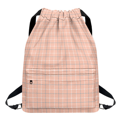 Pastel Orange Tattersall Pattern Print Drawstring Backpack