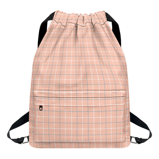 Pastel Orange Tattersall Pattern Print Drawstring Backpack