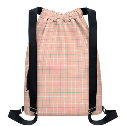 Pastel Orange Tattersall Pattern Print Drawstring Backpack