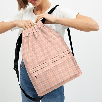 Pastel Orange Tattersall Pattern Print Drawstring Backpack