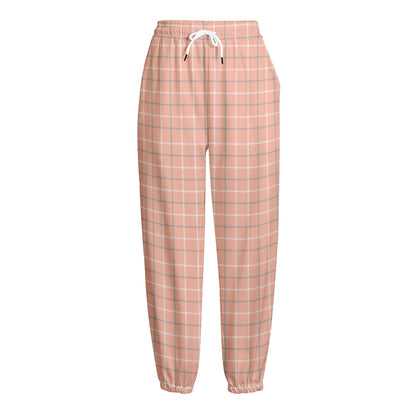 Pastel Orange Tattersall Pattern Print Fleece Lined Knit Pants