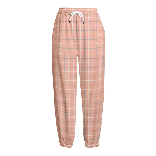 Pastel Orange Tattersall Pattern Print Fleece Lined Knit Pants