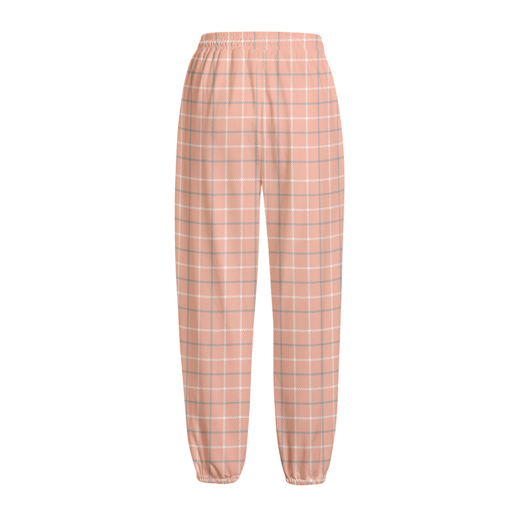 Pastel Orange Tattersall Pattern Print Fleece Lined Knit Pants