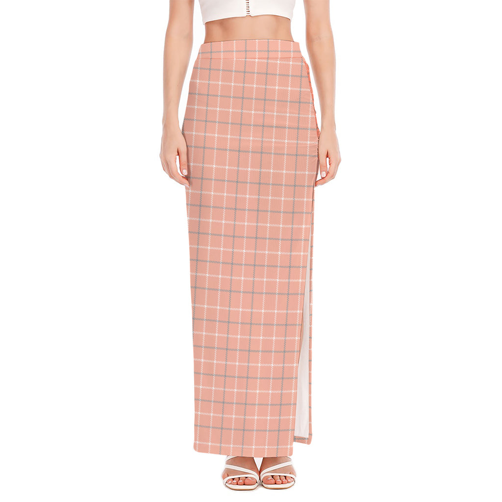 Pastel Orange Tattersall Pattern Print High Slit Maxi Skirt