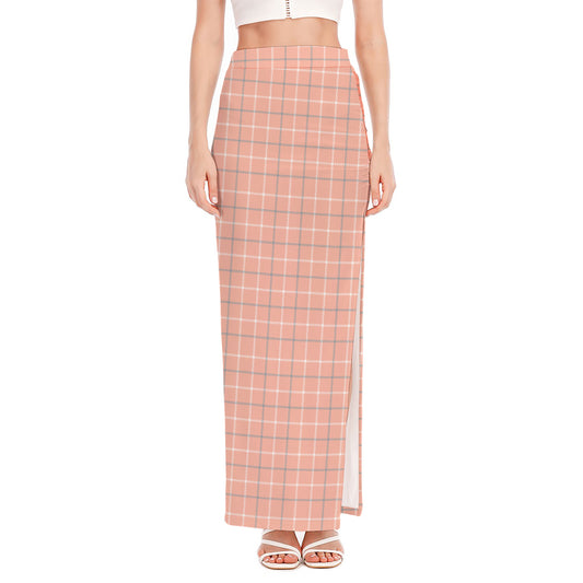 Pastel Orange Tattersall Pattern Print High Slit Maxi Skirt