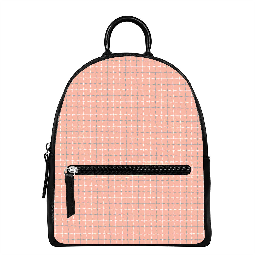 Pastel Orange Tattersall Pattern Print Leather Backpack
