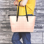 Pastel Orange Tattersall Pattern Print Leather Tote Bag