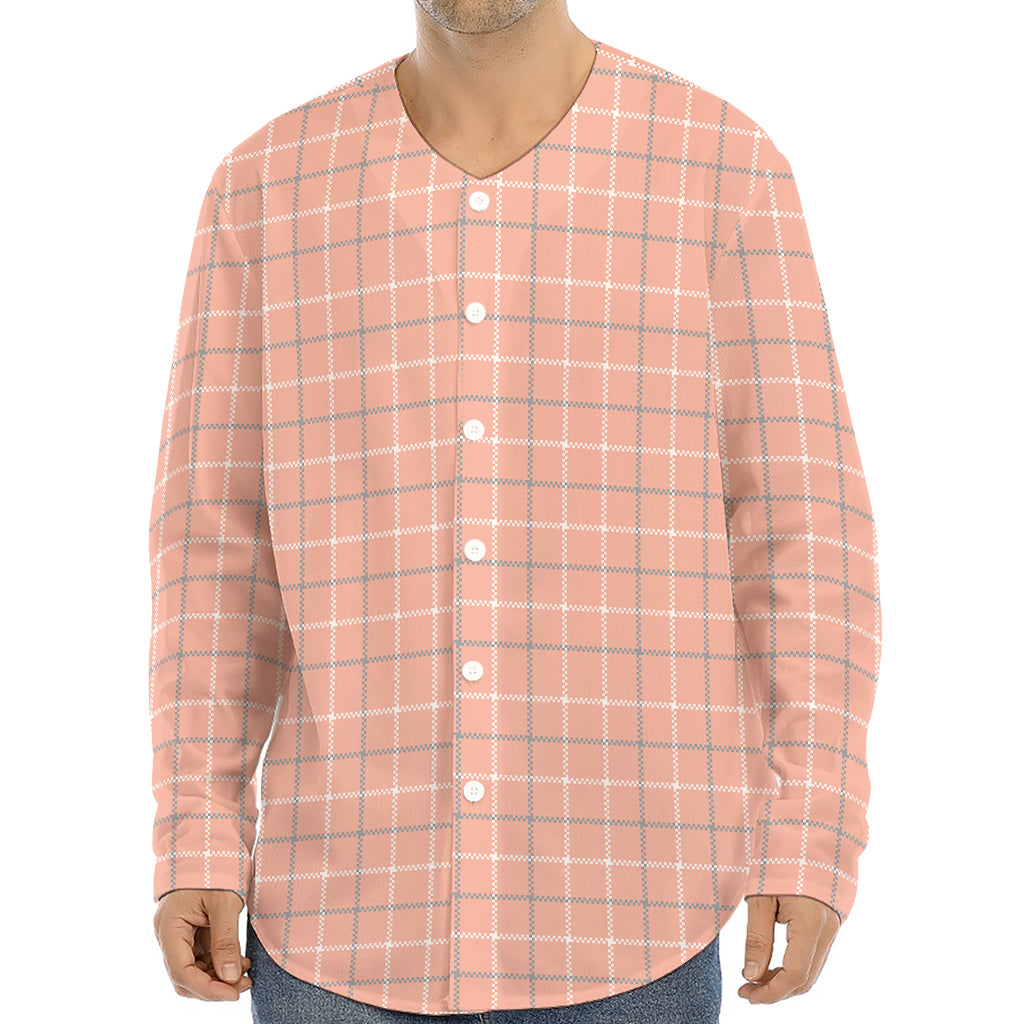 Pastel Orange Tattersall Pattern Print Long Sleeve Baseball Jersey