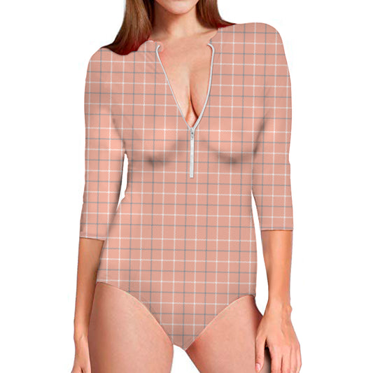 Pastel Orange Tattersall Pattern Print Long Sleeve Swimsuit