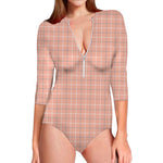 Pastel Orange Tattersall Pattern Print Long Sleeve Swimsuit