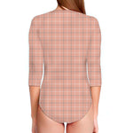 Pastel Orange Tattersall Pattern Print Long Sleeve Swimsuit