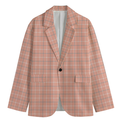 Pastel Orange Tattersall Pattern Print Men's Cotton Blazer