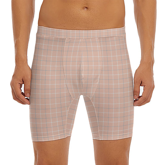 Pastel Orange Tattersall Pattern Print Men's Long Boxer Briefs