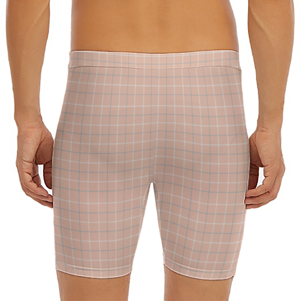 Pastel Orange Tattersall Pattern Print Men's Long Boxer Briefs