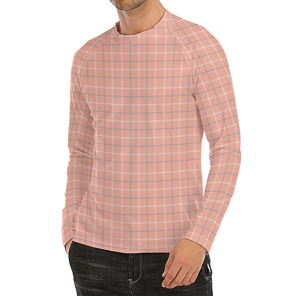 Pastel Orange Tattersall Pattern Print Men's Long Sleeve Rash Guard