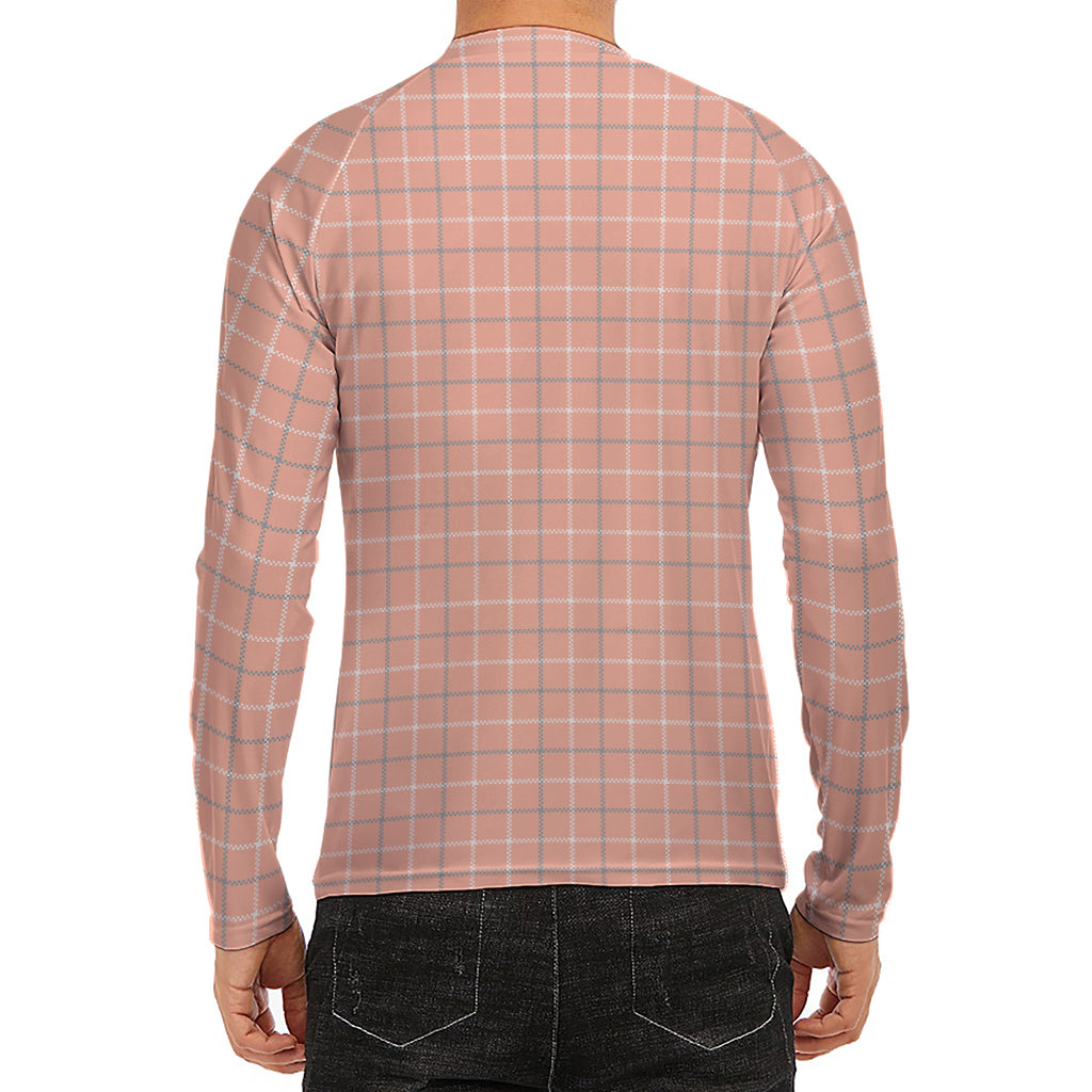 Pastel Orange Tattersall Pattern Print Men's Long Sleeve Rash Guard