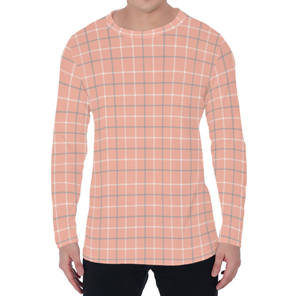 Pastel Orange Tattersall Pattern Print Men's Long Sleeve T-Shirt