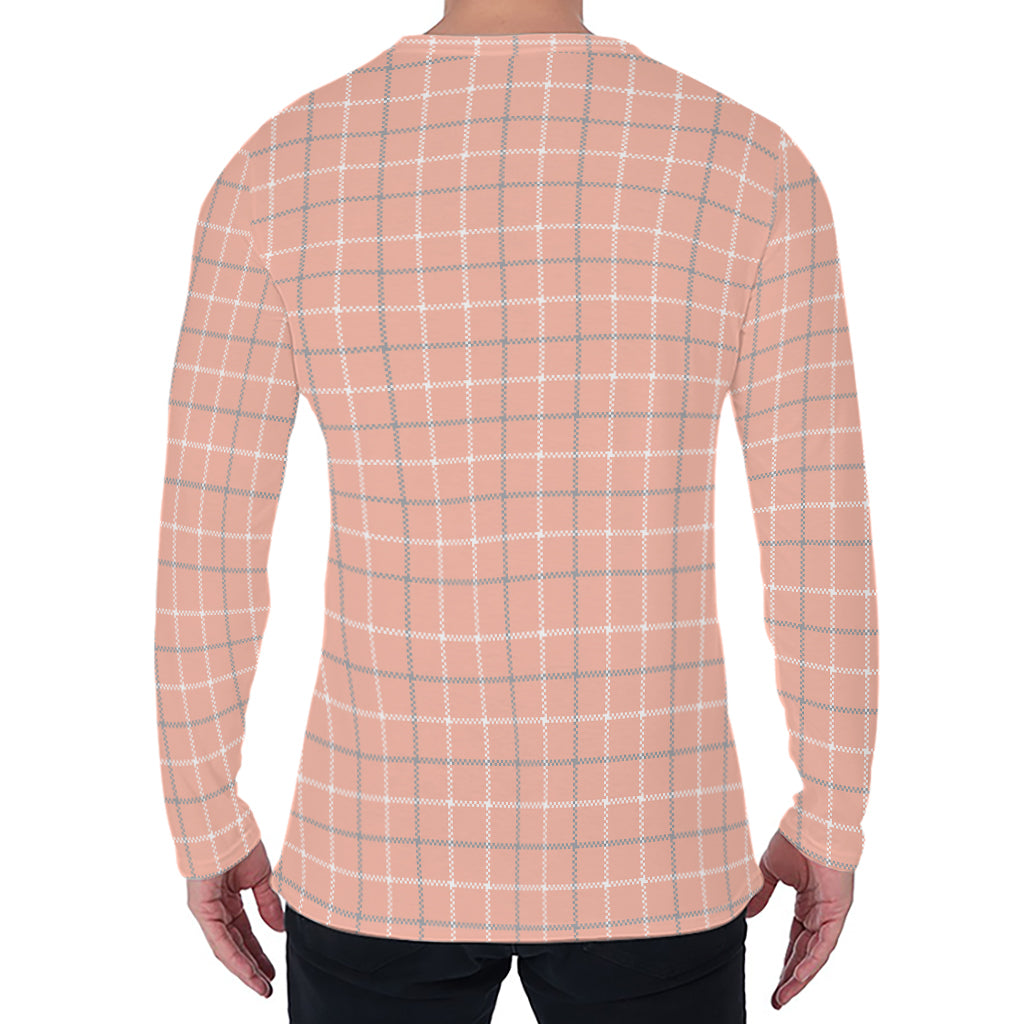 Pastel Orange Tattersall Pattern Print Men's Long Sleeve T-Shirt