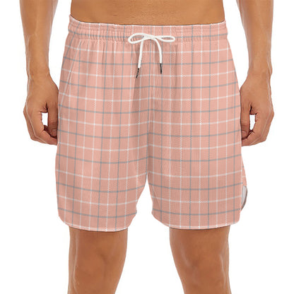 Pastel Orange Tattersall Pattern Print Men's Split Running Shorts