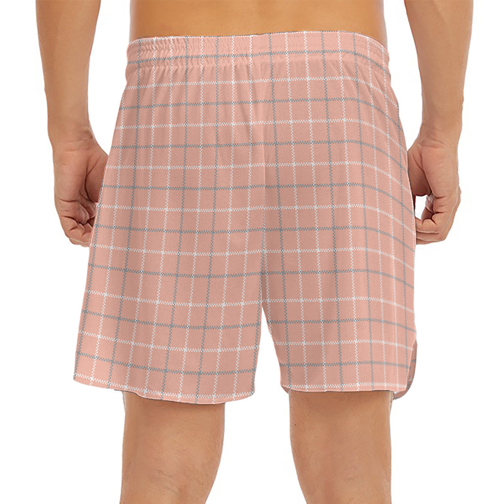 Pastel Orange Tattersall Pattern Print Men's Split Running Shorts
