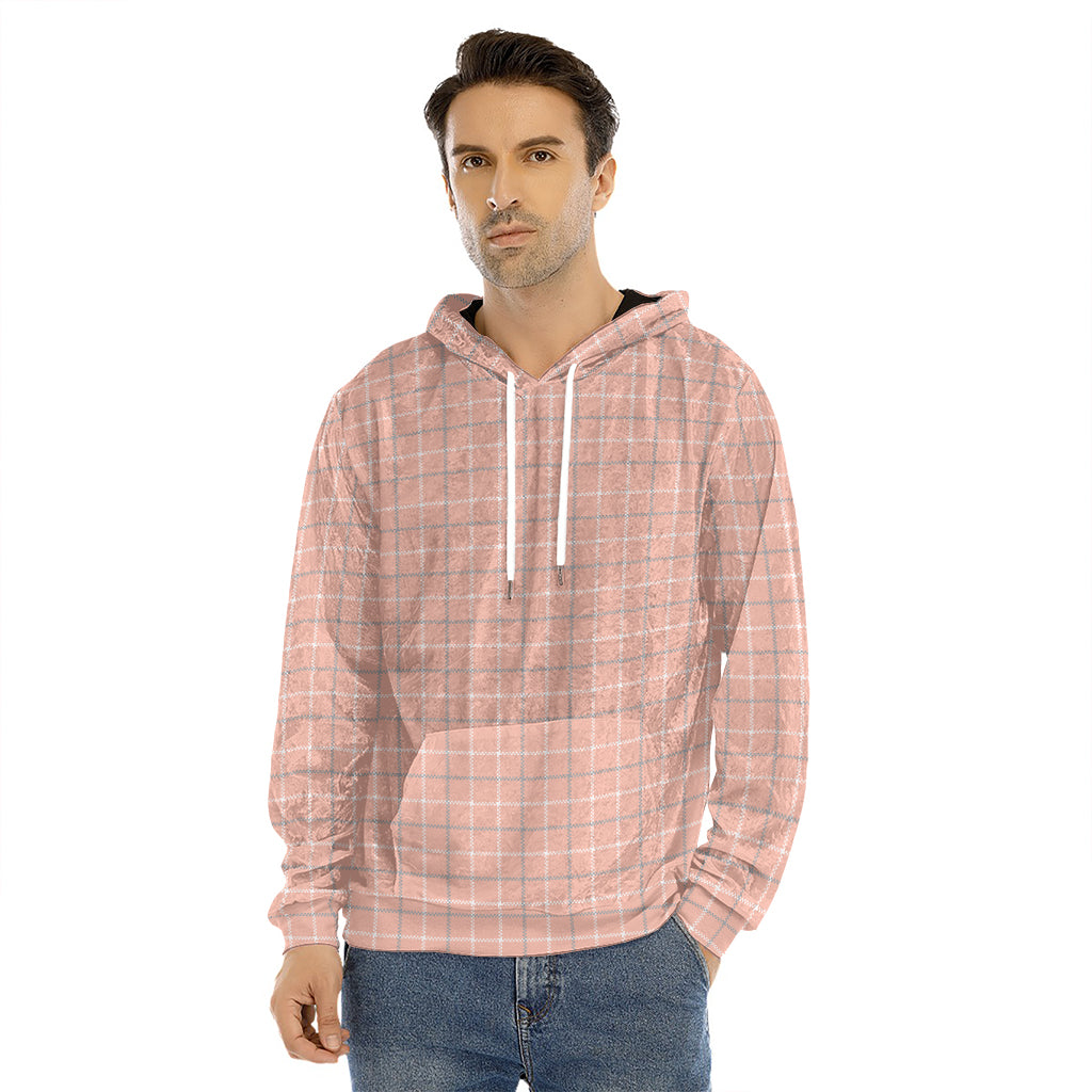 Pastel Orange Tattersall Pattern Print Men's Velvet Pullover Hoodie