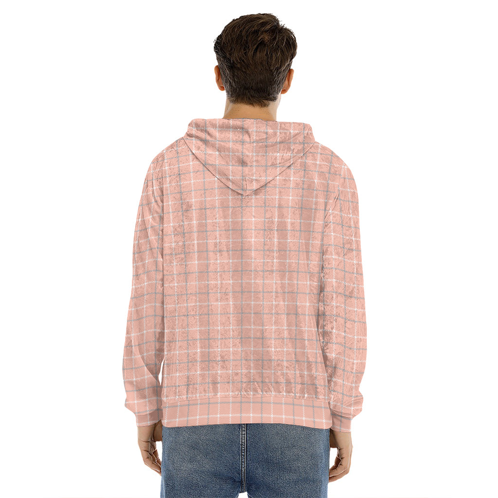 Pastel Orange Tattersall Pattern Print Men's Velvet Pullover Hoodie