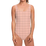 Pastel Orange Tattersall Pattern Print One Piece Swimsuit