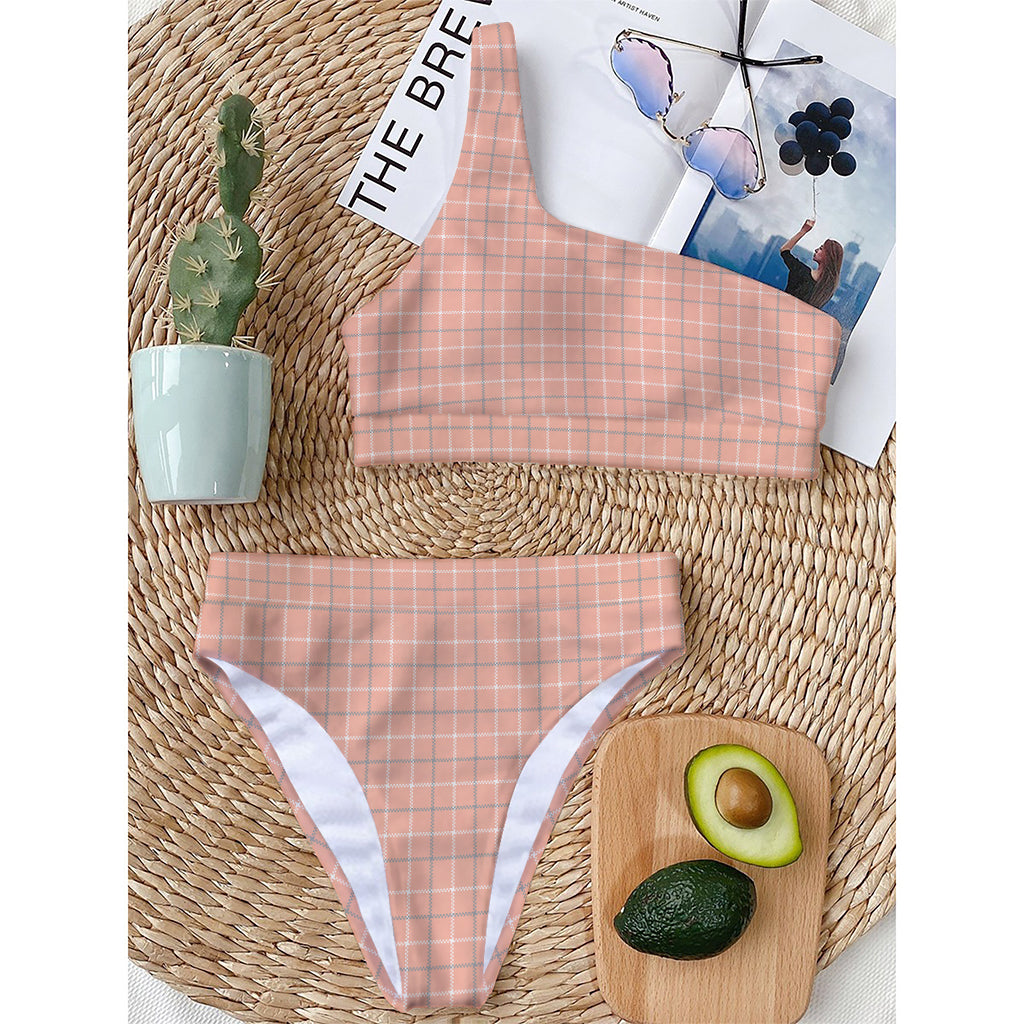 Pastel Orange Tattersall Pattern Print One Shoulder Bikini Top