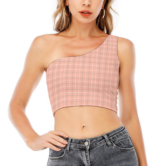 Pastel Orange Tattersall Pattern Print One Shoulder Crop Top