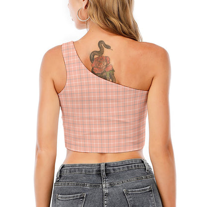Pastel Orange Tattersall Pattern Print One Shoulder Crop Top