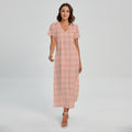 Pastel Orange Tattersall Pattern Print Short Sleeve Maxi Dress