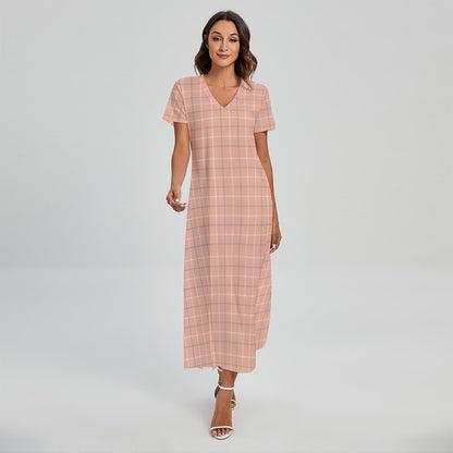 Pastel Orange Tattersall Pattern Print Short Sleeve Maxi Dress