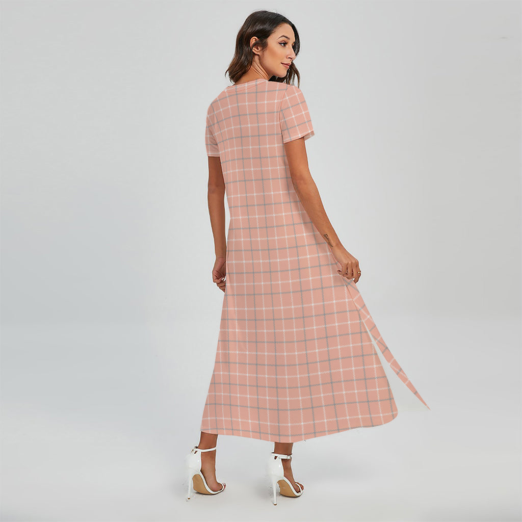 Pastel Orange Tattersall Pattern Print Short Sleeve Maxi Dress
