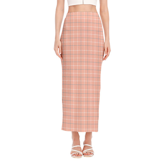 Pastel Orange Tattersall Pattern Print Side Slit Maxi Skirt