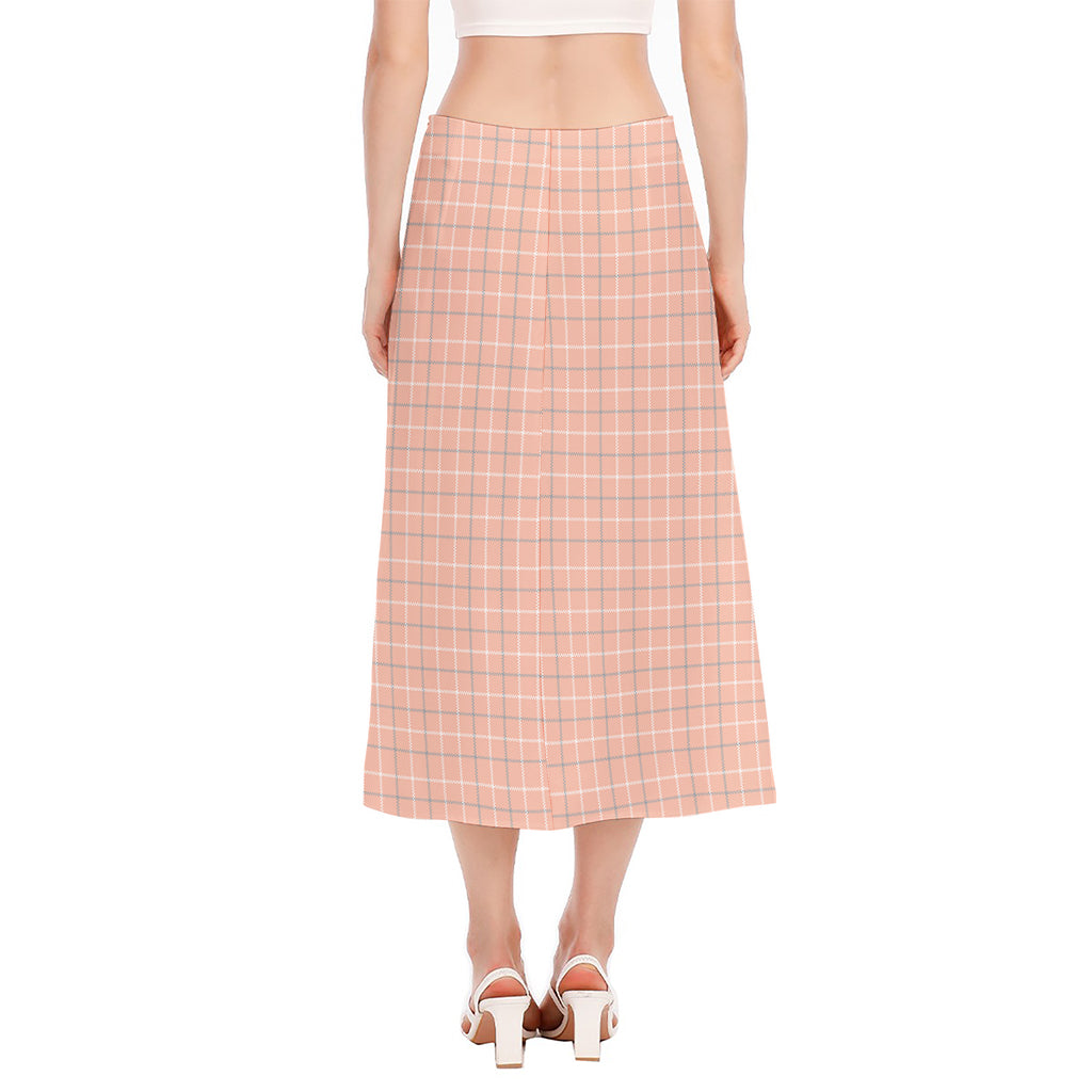 Pastel Orange Tattersall Pattern Print Side Slit Midi Skirt