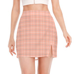 Pastel Orange Tattersall Pattern Print Side Slit Mini Skirt