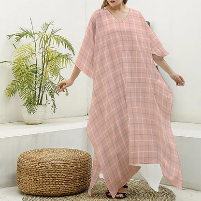 Pastel Orange Tattersall Pattern Print Silk V-Neck Kaftan Dress