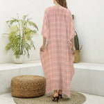 Pastel Orange Tattersall Pattern Print Silk V-Neck Kaftan Dress
