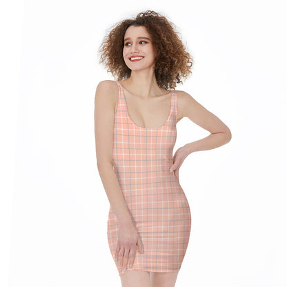 Pastel Orange Tattersall Pattern Print Sleeveless Bodycon Dress