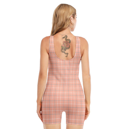 Pastel Orange Tattersall Pattern Print Sleeveless One Piece Swimsuit