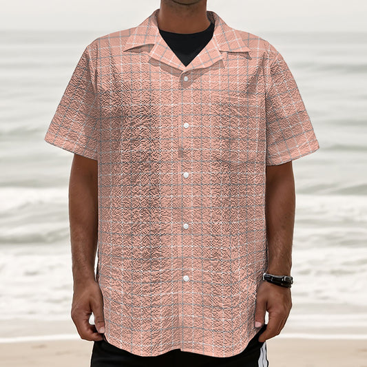 Pastel Orange Tattersall Pattern Print Textured Short Sleeve Shirt