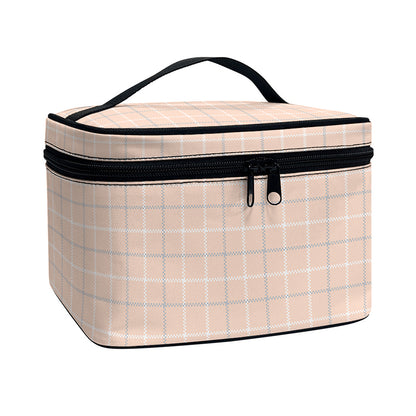 Pastel Orange Tattersall Pattern Print Travel Makeup Bag