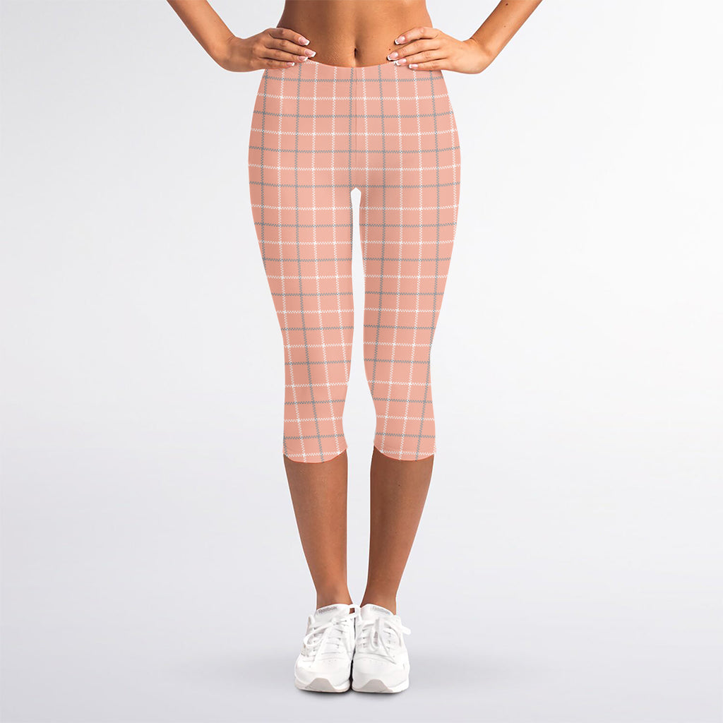 Pastel Orange Tattersall Pattern Print Women's Capri Leggings