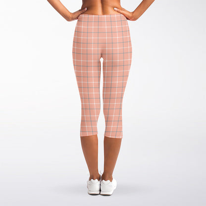 Pastel Orange Tattersall Pattern Print Women's Capri Leggings