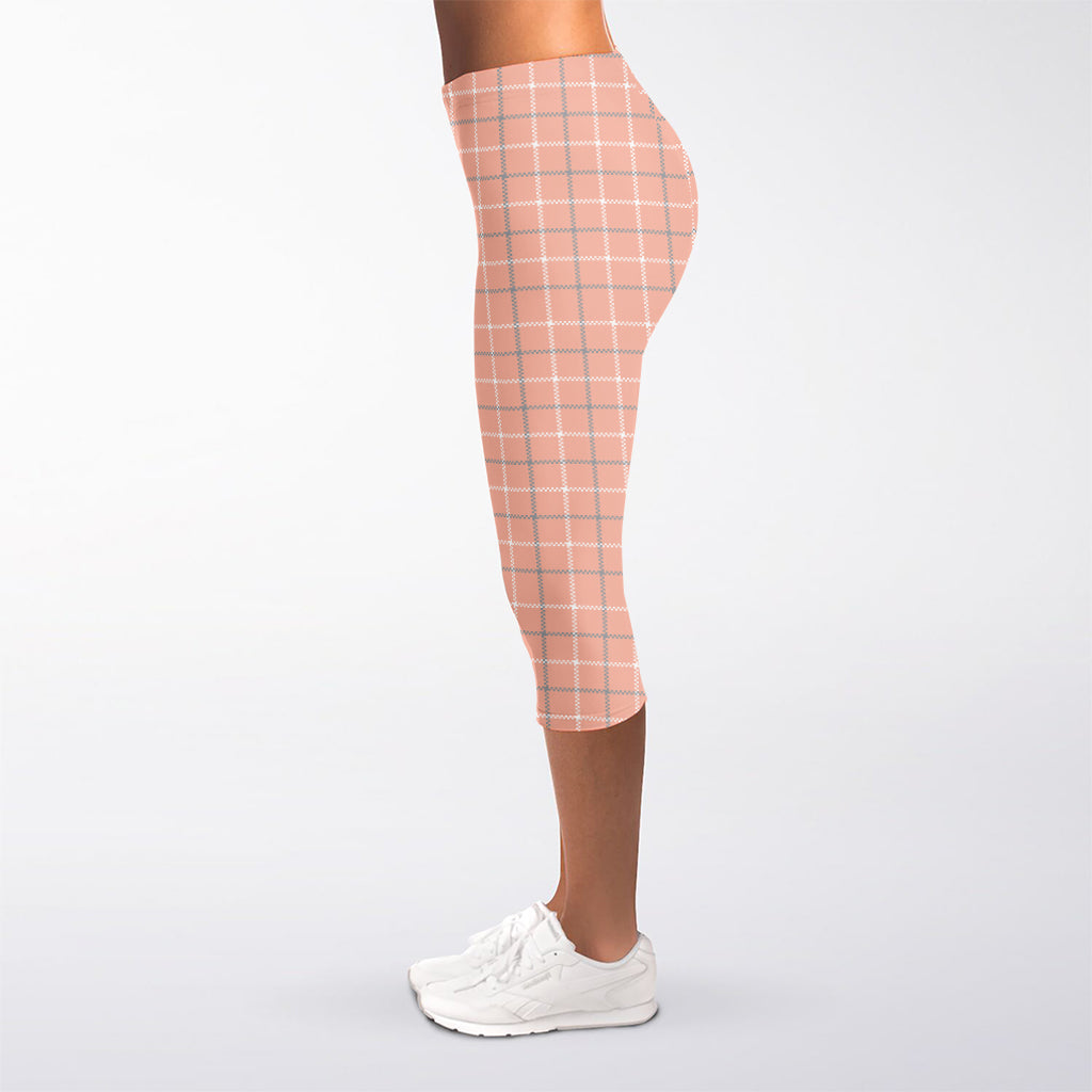 Pastel Orange Tattersall Pattern Print Women's Capri Leggings